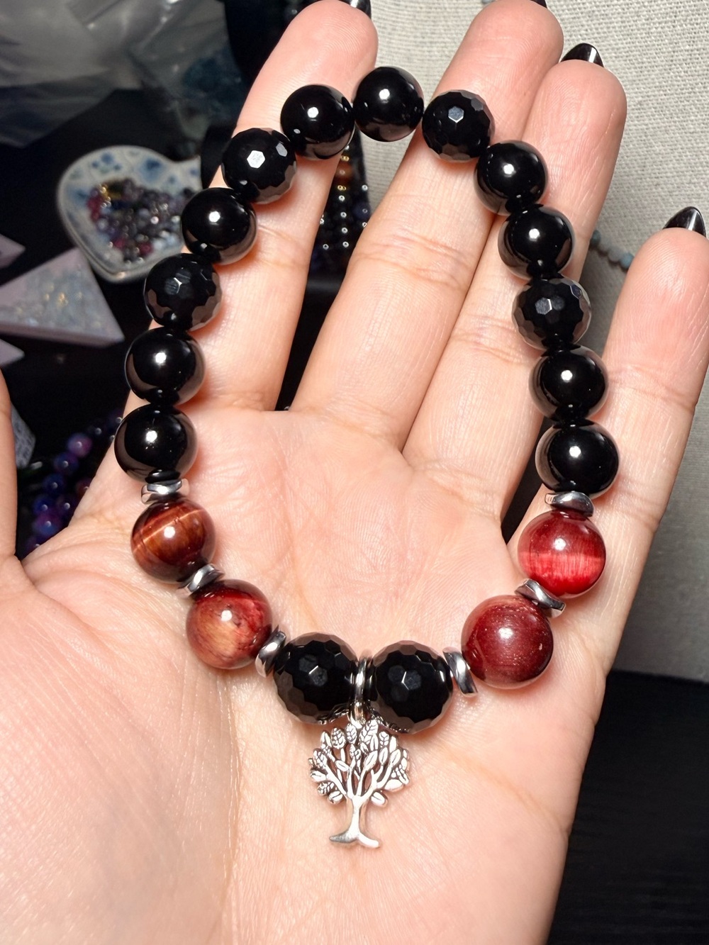 10mm Black Onyx & Red Tiger’s Eye Tree of Life Bracelet